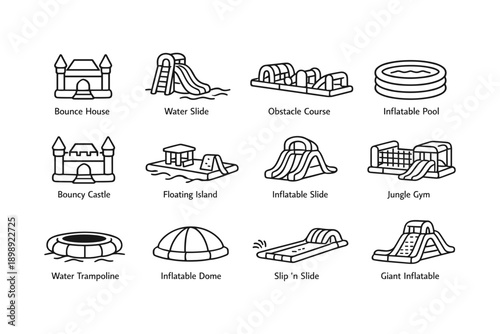 Icon set of inflatable play structures including bounce house and water slide