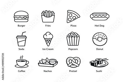 Icon set of fast food: burger, fries, pizza, hot dog, and more