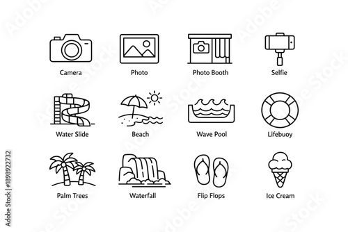 Collection of summer and photography icons including beach, camera, and pool elements