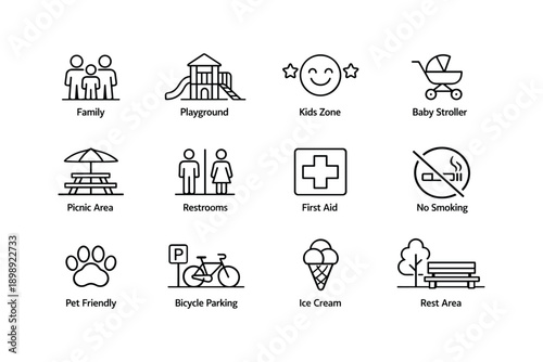Park facility icons: family, playground, kids zone, and amenities