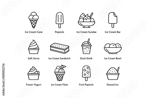Assorted ice cream and frozen treat icons: cones, popsicles, sundaes, sandwiches, and more