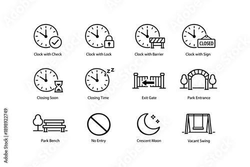 Clock and park icon set: time, security, access, and recreation symbols