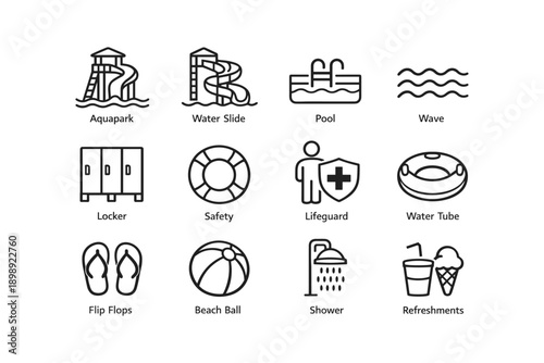 Aquapark essentials: water slide, pool, safety, beach fun icons set