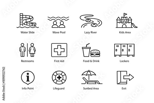Water park symbols featuring water slide, wave pool, and food area