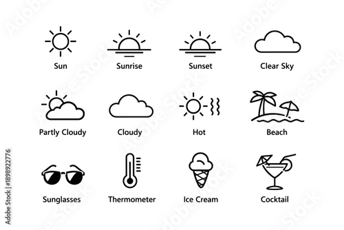 Weather and summer icons: sun, cloud, beach, sunglasses, ice cream, cocktail
