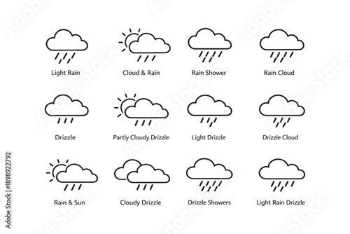Weather icons set: rain, cloud, drizzle, sun, showers symbols