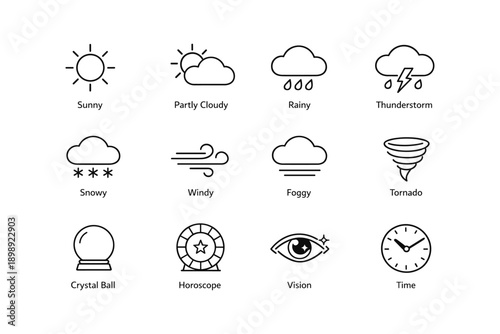 Weather icons set: sun, clouds, rain, thunderstorm, snow, wind, fog, tornado
