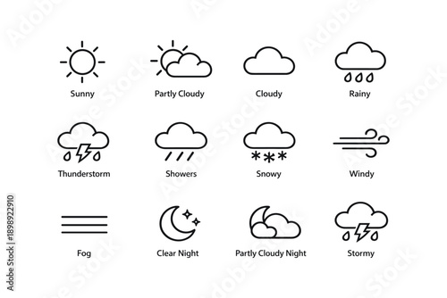 Weather icons featuring sun, clouds, rain, thunderstorm, snow, wind, fog, night