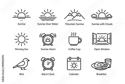Minimalist line icons of sunrise, coffee, bird, alarm clock, and breakfast