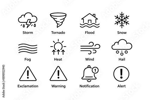 Weather alert icons: storm, tornado, flood, snow, fog, heat, wind, hail, warnings