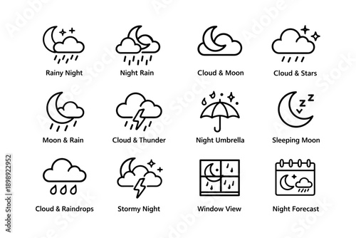 Weather icon set featuring rain clouds, moon, umbrella, stars, and lightning