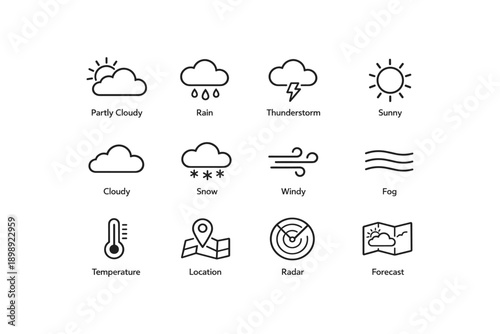 Weather icons: cloudy, rain, thunderstorm, sunny, snow, windy, fog, temperature, radar, forecast