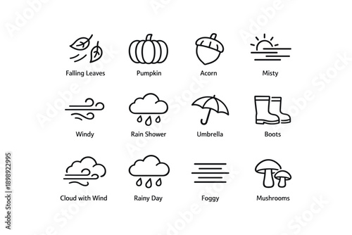 Autumn symbols collection: falling leaves, pumpkin, acorn, misty scene, and seasonal elements