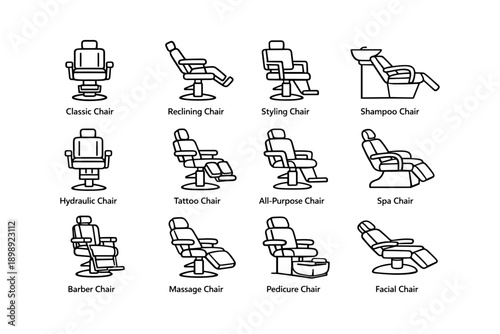 Variety of salon and barber chairs: classic, reclining, styling, shampoo, hydraulic, tattoo, all-purpose, spa, massage, pedicure, facial
