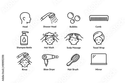 Hair care and grooming icons: shampoo, rinse, blow dryer, comb, scalp massage
