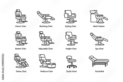 Collection of salon and barber chairs: classic, reclining, adjustable, stylist stool, facial bed