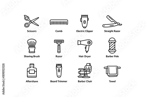 Barber shop tools: scissors, comb, clippers, razor, shaving brush, hair dryer, barber chair