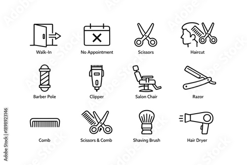 Barber shop icons: scissors, haircut, clipper, razor, salon chair
