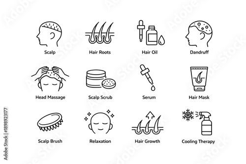Hair care icons: scalp, hair oil, dandruff solutions, scalp scrub, cooling therapy