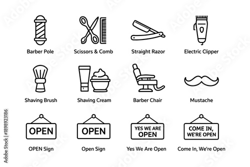 Barber shop icons: tools and signs for grooming and styling