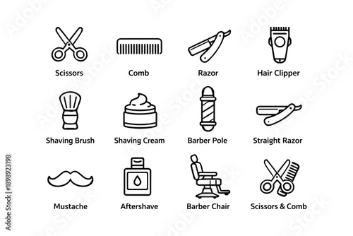 Barber shop icons: scissors, comb, razor, clipper, shaving tools in black and white