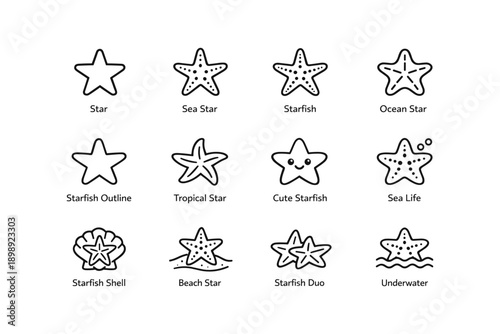 Variety of starfish line icons featuring cute and tropical styles