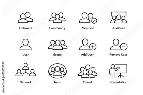 Minimalist icons for user management and social network features