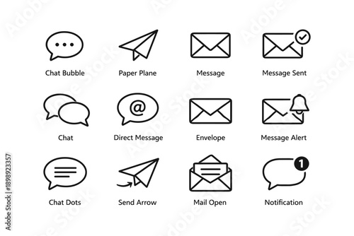 Communication icon set featuring chat, email, and notification symbols