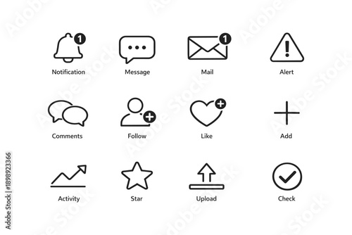 Notification icons for mail, alerts, messages, comments, and more