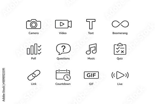 Social media icons set: camera, video, text, poll, music, quiz, link, countdown, gif, live