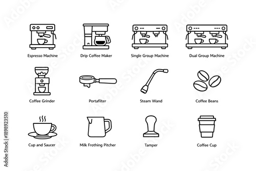 Coffee equipment icons featuring espresso machine, grinder, portafilter, and coffee cup