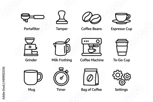 Coffee preparation icons: grinder, tamper, espresso cup, frothing, to-go cup, timer
