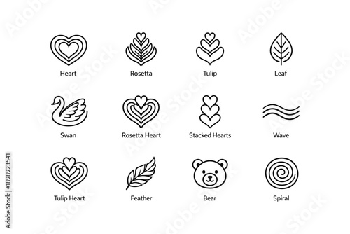 Collection of minimalist outline icons: heart, swan, bear, feather, leaf, spiral designs
