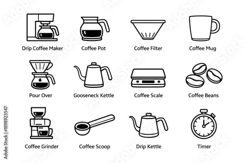 Coffee brewing essentials: drip maker, pots, filters, mugs, kettles, scales, beans