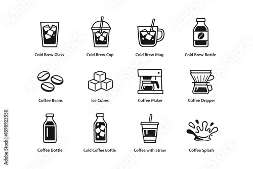 Cold brew icons: glass, mug, bottle, beans, dripper, maker, splash illustrations