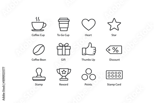 Coffee and loyalty icons: cups, heart, star, gift, thumbs up, discount, stamp, reward, points