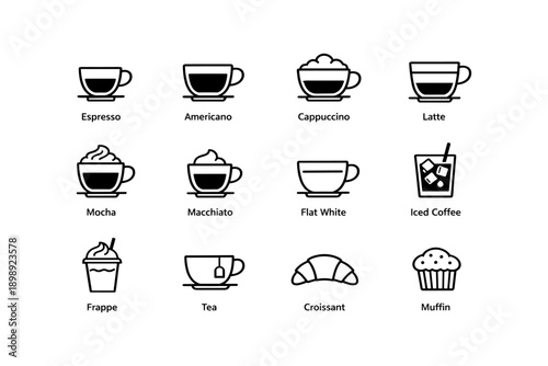 Coffee and pastry icons featuring espresso cappuccino latte and more