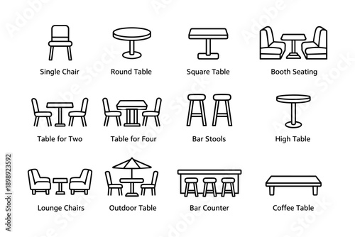 Various restaurant and cafe seating options with tables and chairs icons