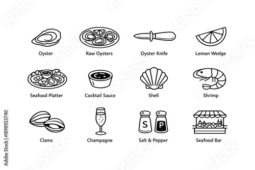 Seafood icons: oysters, sauces, shrimp, and tools
