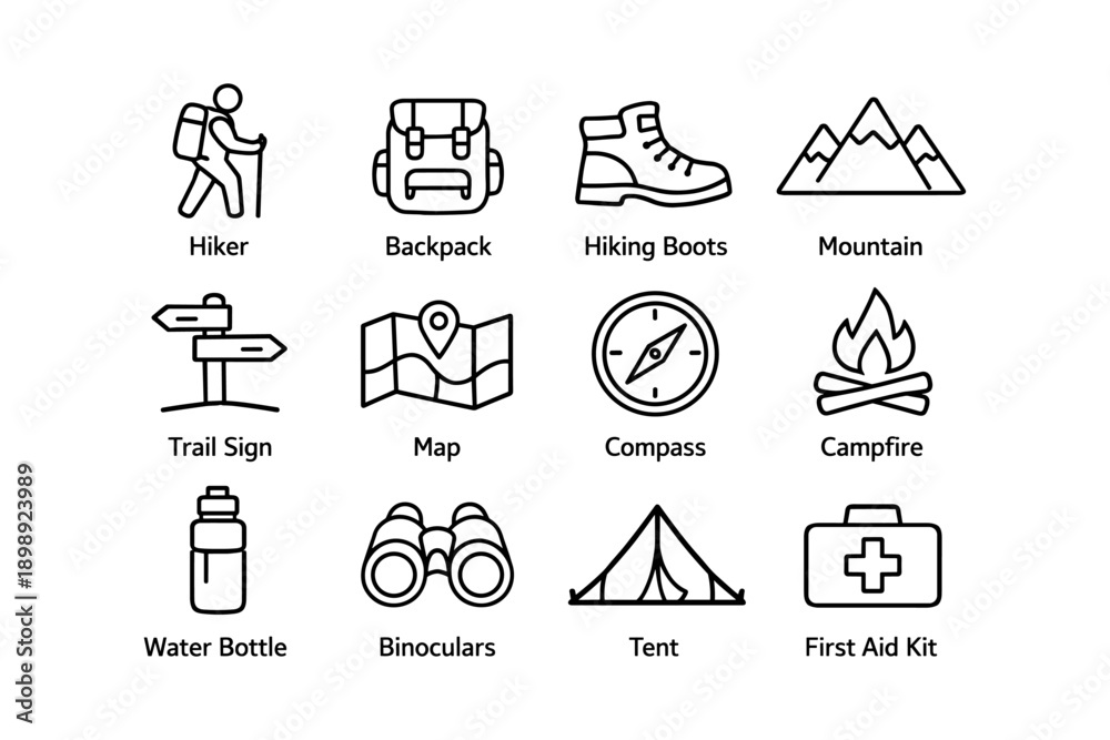 Fototapeta premium Essential hiking icons: backpack, boots, map, and more camping symbols