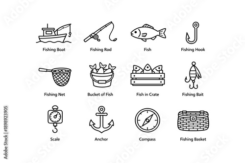 Fishing equipment and accessories collection: boat, rod, fish, hook, net, bait, anchor, compass