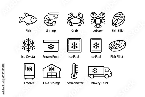 Seafood and cold storage icons: fish, shrimp, lobster, freezer, delivery