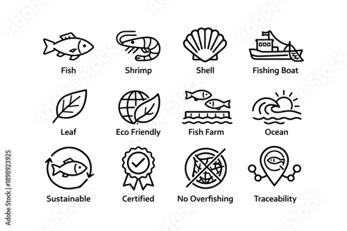 Eco-friendly seafood icons: fish, shrimp, shell, boat, sustainability