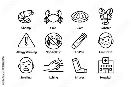 Shellfish allergy icons: shrimp, crab, clam, lobster, epipen, hospital