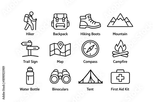 Essential hiking icons: backpack, boots, map, and more camping symbols