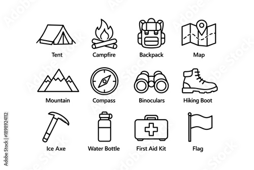 Essential outdoor adventure icons: tent, campfire, backpack, map, and more