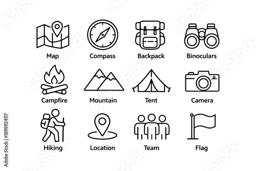 Outdoor adventure icons: map, compass, backpack, binoculars, camera, camping gear, exploration tools