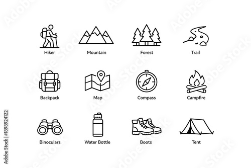 Outdoor adventure icons: hiker, mountain, forest, trail, backpack, map, compass, campfire, binoculars, water bottle, boots, tent