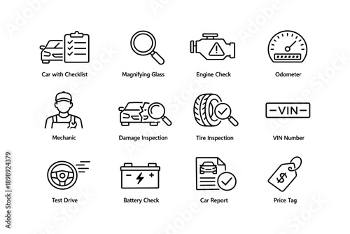 Car maintenance icons: checklist, inspection, engine, battery, price