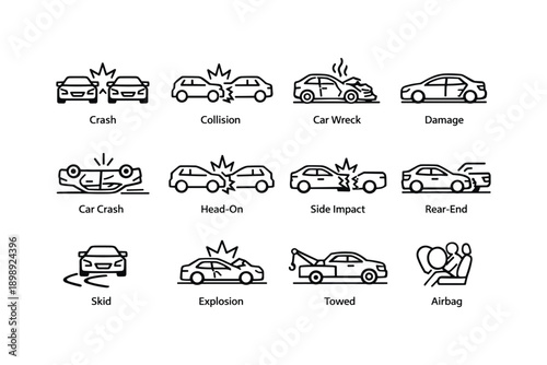 Various car accident illustrations: collision types and safety features